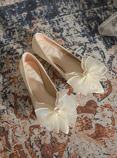 Pointed Bow Pearls High Heels