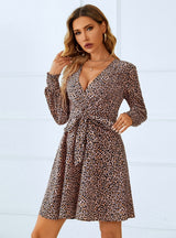 Long Sleeve Deep V-Neck Leopard Print Dress