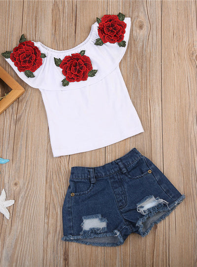3D Flower Print T-Shirts Denim Hole Pants 2pcs