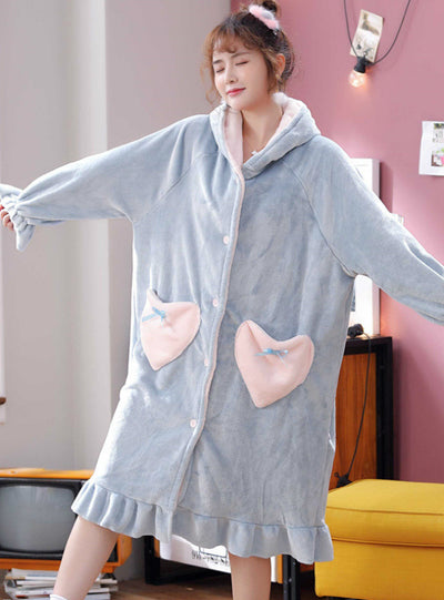Women's Coral Fleece Loose Long Love Flannel Bathrobe