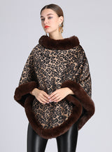 Fur-padded Fur Collar Cape Shawl Leopard-print Woolen Coat