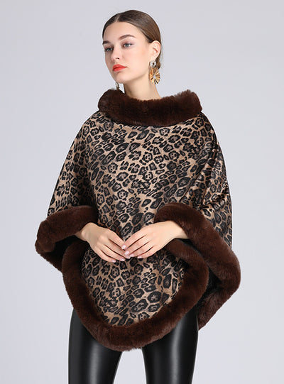 Fur-padded Fur Collar Cape Shawl Leopard-print Woolen Coat