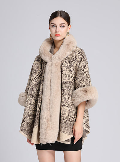 Women Collar Jacquard Hooded Shawl Cloak