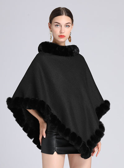 Wool-padded Fur Collar Shawl Cape Knitted Pullover
