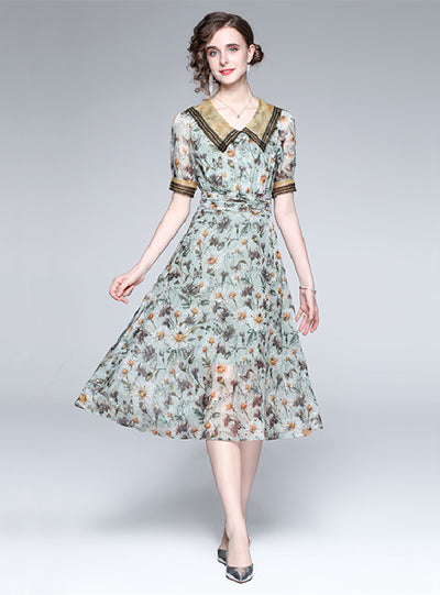 Women Floral Retro Palace Short Sleeve Dress