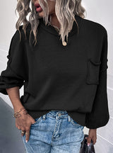 Solid Color Lantern Sleeve Pocket Sweater