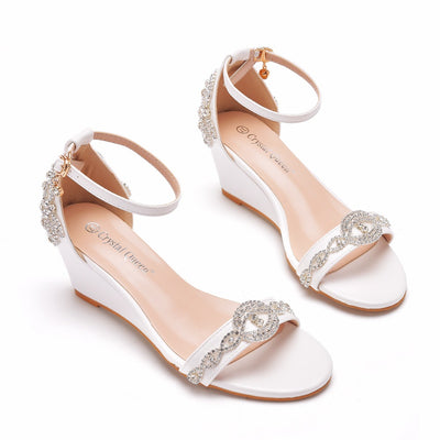 White Wedges Fishmouth Crystal Sandals
