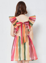 Rainbow Yarn Square Collar Backless Dress