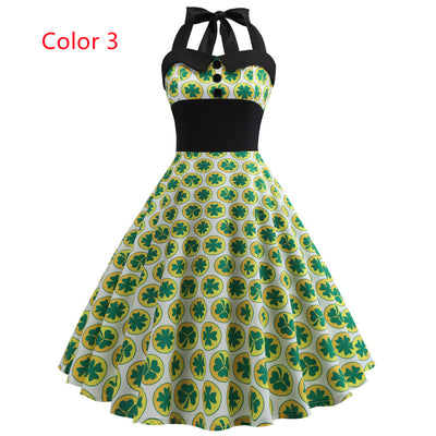 Retro Sleeveless Four-leaf Clover Print Dress