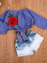 Tops Shirts Blouse Flower Striped Denim Short Jeans