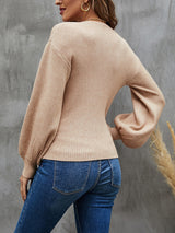 Women V-neck Lantern Sleeve Sweater