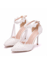 White Lace Flower Stiletto Pointed Wedding Shoes