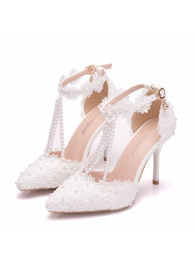 White Lace Flower Stiletto Pointed Wedding Shoes