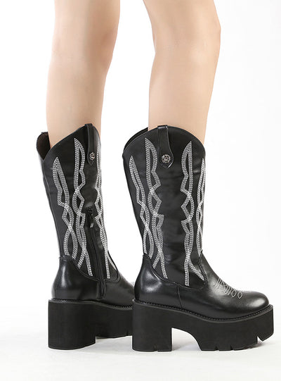 Embroidered Round Head Western Boots