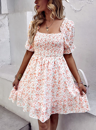 Off the Shoulder Square Collar Retro Chiffon Dress