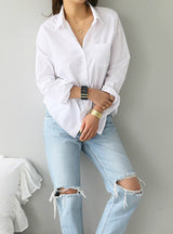 One Pocket Women White Shirt Female Blouse Tops