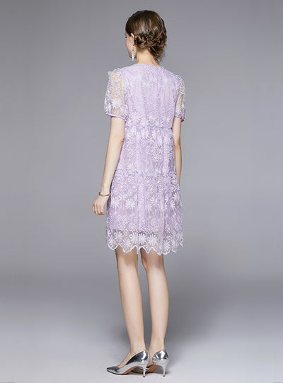 Beaded Embroidered Lace V-neck Short Sleeve Dress