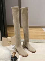 Thick Square-toe Suede Elastic Boots