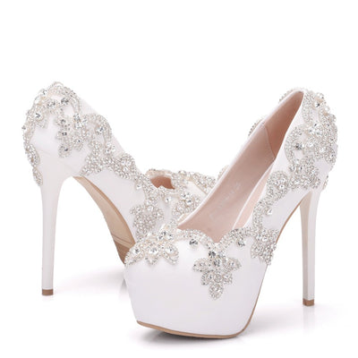 White Rhinestone Waterproof Platform Wedding Shoes