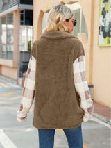 Plush Lapel Long Sleeve Spliced Flannel Plaid Coat