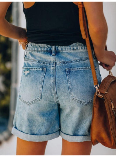 Five-point Holes Curling Edges Denim Shorts