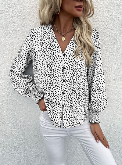 V-neck Long Sleeve Print Leopard Print Shirt