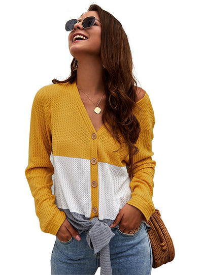 Long-sleeved V-neck Stitching Top