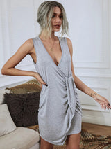 V-neck Sleeveless Pleated Irregular Slim Dress