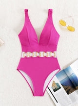 V-neck Metal Ring One-piece Hollow Solid Color Swimsuit