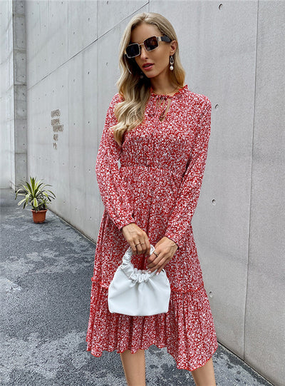 Ladies Long Sleeve Casual Flower Clothes Dresses