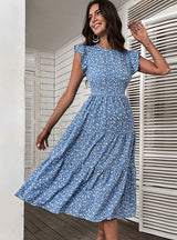 Medium-length High-waist Flying Sleeve Floral Dress