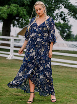 V-neck Lace-up Trumpet Sleeve Chiffon Printed Dress