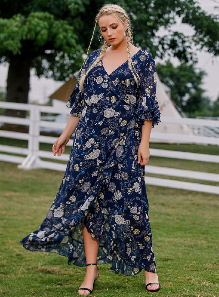 V-neck Lace-up Trumpet Sleeve Chiffon Printed Dress