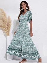 V-neck High Waist Big Swing Printed Dress