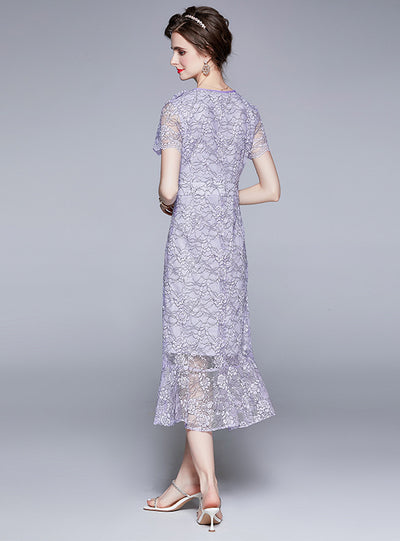 V-neck Fishtail Lace Embroidered Flounce Dress