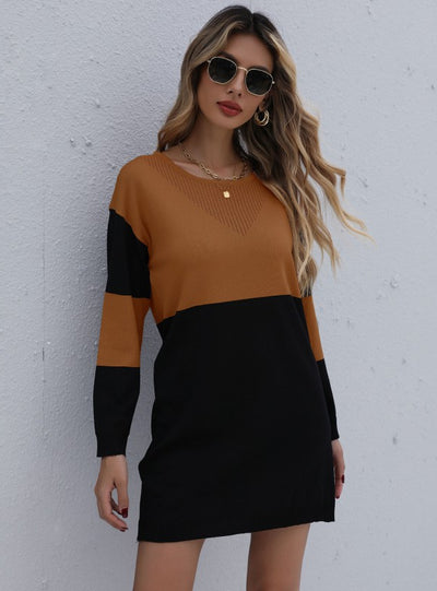 Turtleneck Neck Loose Knit Stitching Sweater Dress