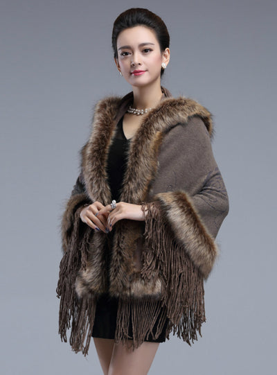 Women Hat Fringed Fur Cloak Cardigan