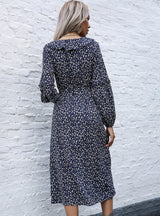 V-neck Floral Flounce Split Dress