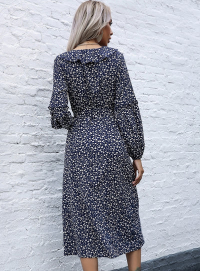 V-neck Floral Flounce Split Dress