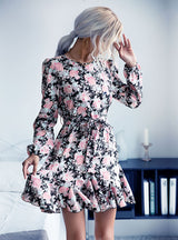 Long Sleeve Flower Print Flounce Dress