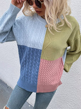 Square Spliced Lantern Sleeve Twist Contrast Color Sweater
