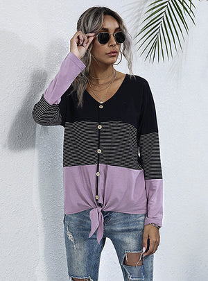 Loose V-Neck Long Sleeve Spliced Striped T-shirt
