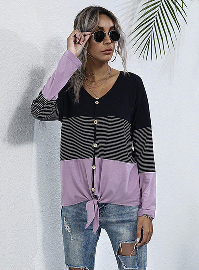 Loose V-Neck Long Sleeve Spliced Striped T-shirt