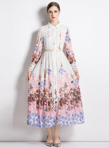 Bohemian Lapel Waist-exposed Hollow Print Long Dress