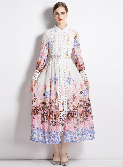 Bohemian Lapel Waist-exposed Hollow Print Long Dress