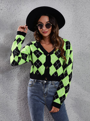 Retro Diamond Cardigan Short Sweater