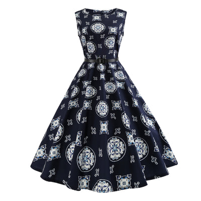 Women Retro Slim Print Dress