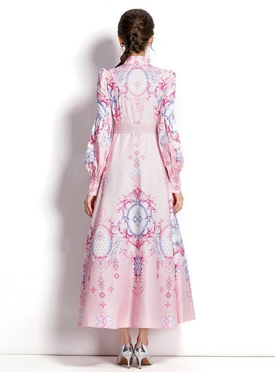 Holiday Collar Lantern Sleeve Print Dress