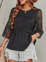 Solid Color Pullover Neck Printed Chiffon Blouse