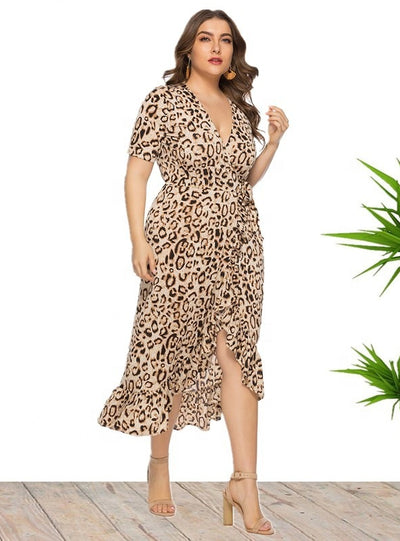 Large Size V-neck Ruffled Irregular Leopard Print Dress